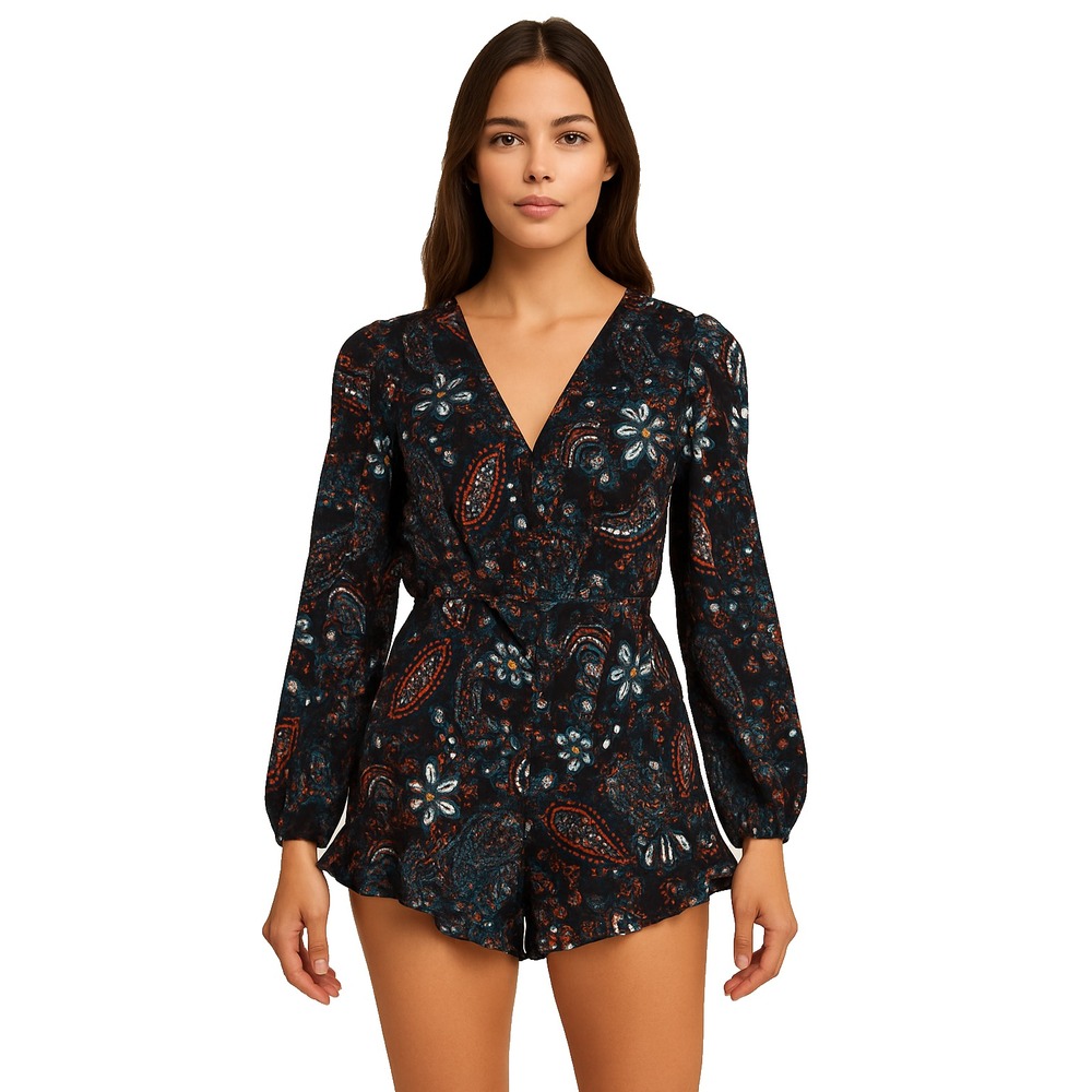 Womens M Paisley Floral Long Sleeve Romper V-Neck Ruffle Hem Boho Summer